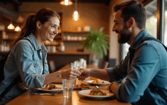 "A friendly, realistic scene of a traveler ordering food at a casual restaurant. The image should show a smiling waiter taking the order of a tourist who is looking at a menu and pointing at a dish. The setting should include a cozy restaurant table with plates, glasses, and a visible menu. The colors should be warm and inviting, with natural lighting and a soft, welcoming atmosphere. The style should be clear and modern, but with a touch of realism, focusing on the interaction between the customer and the waiter."