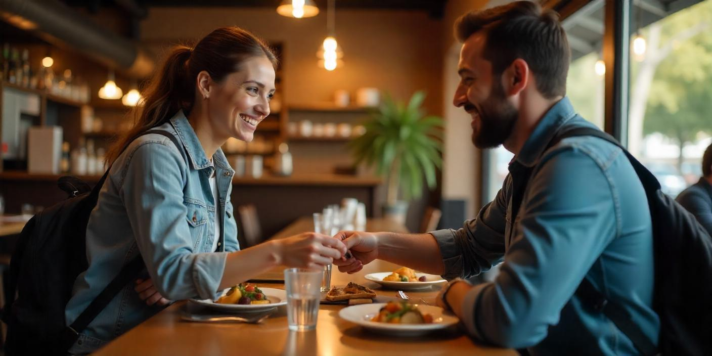"A friendly, realistic scene of a traveler ordering food at a casual restaurant. The image should show a smiling waiter taking the order of a tourist who is looking at a menu and pointing at a dish. The setting should include a cozy restaurant table with plates, glasses, and a visible menu. The colors should be warm and inviting, with natural lighting and a soft, welcoming atmosphere. The style should be clear and modern, but with a touch of realism, focusing on the interaction between the customer and the waiter."