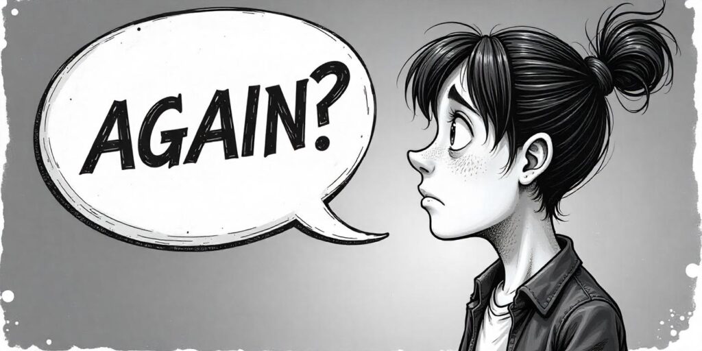 A colorful and engaging thumbnail showing a confused ESL student looking at a speech bubble with the word “AGAIN?” in bold letters.