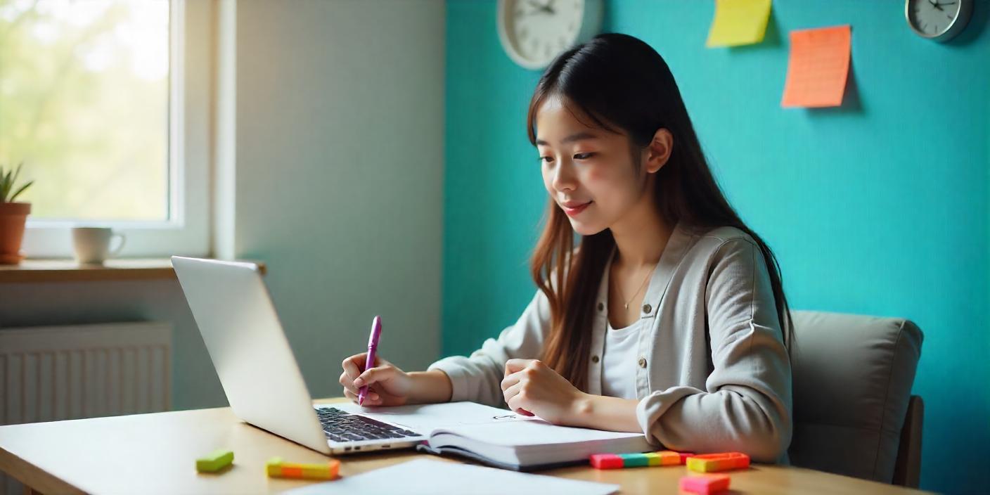 A student sitting at a desk with a planner or calendar, highlighters, and a laptop Maybe a clock or post-it notes on the wall Clean, focused workspace Vibe: Calm, focused, and proactive